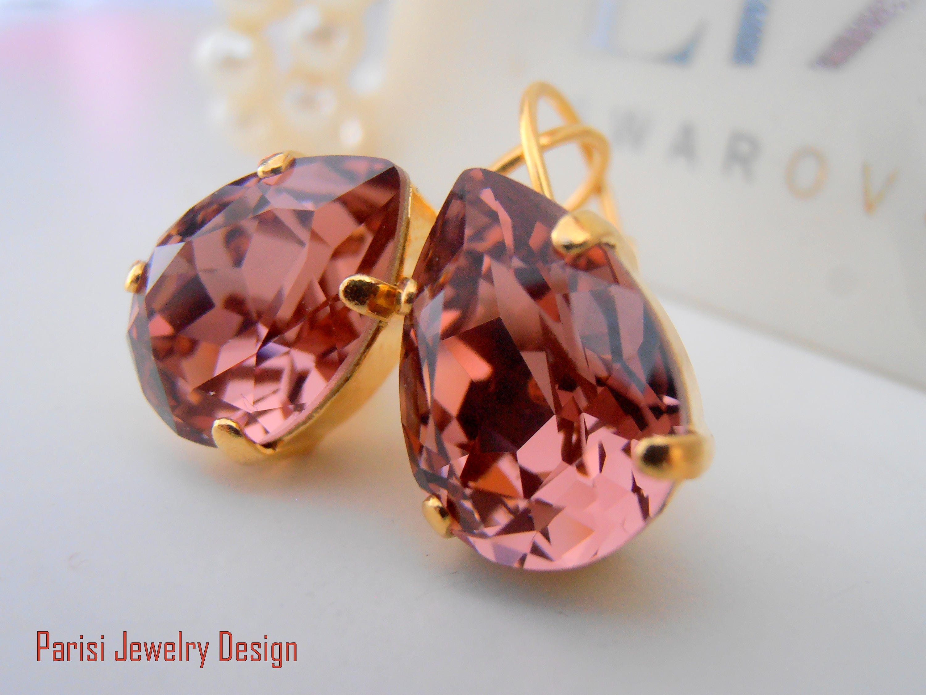 Blush Rose Teardrop Earrings w/ Swarovski Crystals 4320 / Wedding Gold ...