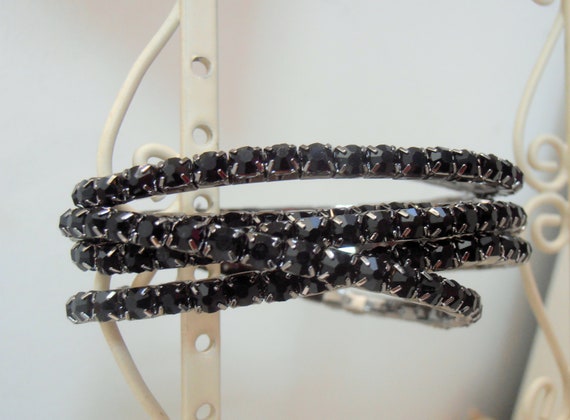 Jet Black Crystal Stretch Bracelet / Rhinestone Minimalist Cuff