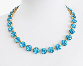Aquamarine Rivoli Crystal Tennis Necklace: Gold Plated Bridal Choker with Swarovski Crystals