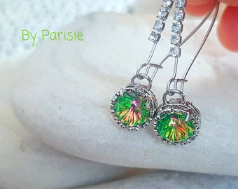 Unique Concave Threader Earrings in Platinum Long Dangle & Drop Wire Earrings Art Deco Green Crystal Jewelry Birthday Gift for Partner