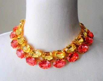 Peach Rose Collet Necklace in Gold Oval Crystal Choker Anna Wintour Statement Jewelry Women Gifts