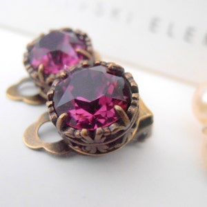 Amethyst Clip On Post Earrings Non Pierced Crystal Earrings Art Deco Jewelry Filigree Purple Studs Antique Bronze Christmas Gift image 1