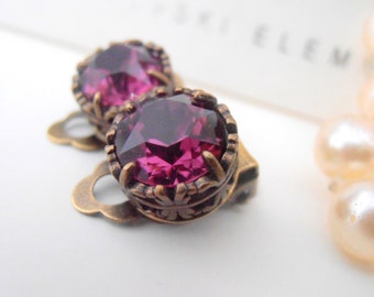 Amethyst Clip On Post Earrings | Non Pierced Crystal Earrings | Art Deco Jewelry | Filigree Purple Studs | Antique Bronze | Christmas Gift