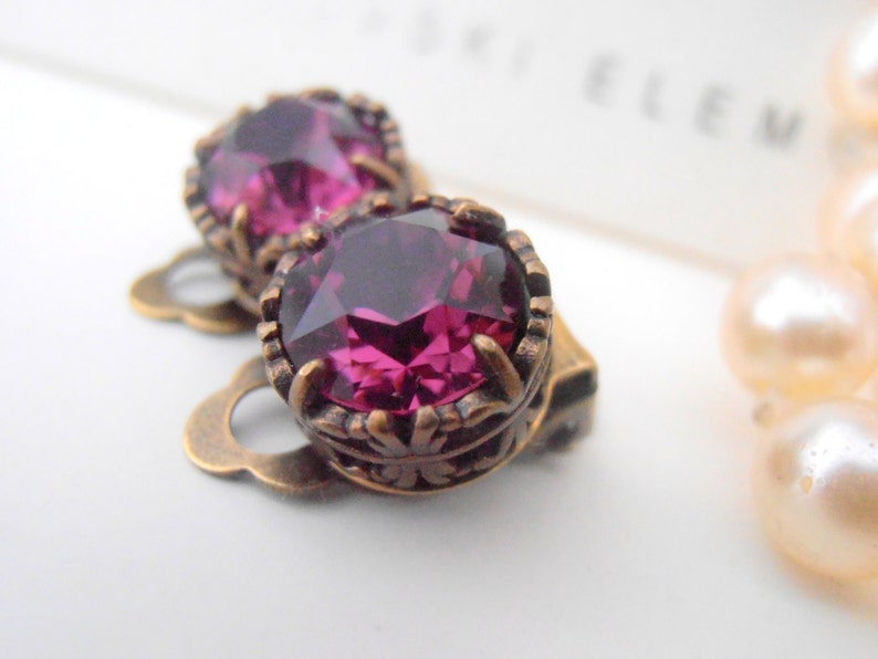 Amethyst Clip On Post Earrings Non Pierced Crystal Earrings Art Deco Jewelry Filigree Purple Studs Antique Bronze Christmas Gift image 1