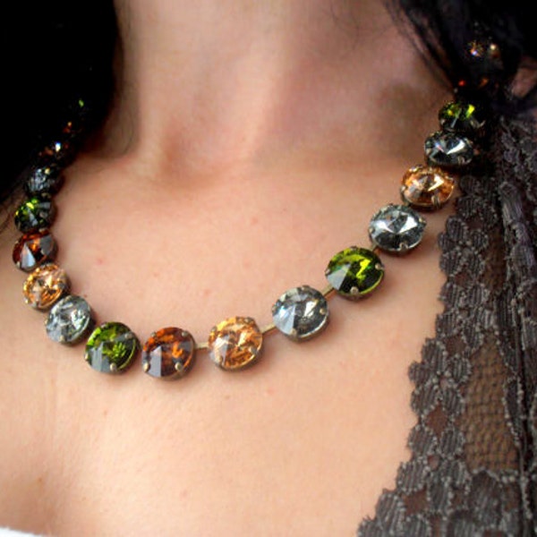 Olivine Rivoli Crystal Necklace, Cup chain Choker, Women Jewelry, Antique Bronze 1122 12mm, Birthday Gift