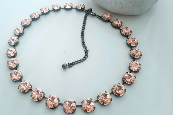Peach Beige Rhinestone Collet Multi-color Rivoli Crystal Necklace in Bronze Antique Jewelry for Women Anniversay Gift Ideas for Girlfriend