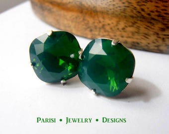 Palace Green Opal Stud Earrings / Cushion Cut / Post Pierced Studs / 4470 12mm Crystal Square / Bohemian / Boho Gifts