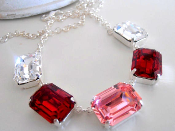 Rectangula Siam/Rose Choker Crystal Necklace, Georgian Collet, Bib Statement Jewelry, Christmas Gift