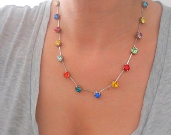 Multi-Color Crystal Tennis Necklace: Silver Boho Jewelry