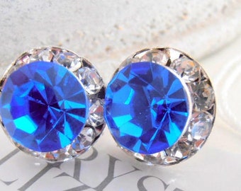 Sapphire Blue Halo Stud Earrings 12mm / Bridal Wedding Jewelry / Post Earrings / Bridesmaid Gift