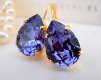 Tanzanite Crystal Teardrop Earrings: 14K Gold Plated Lever Back Dangle