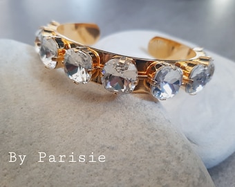Crystal Clear Open Cuff Bracelet in Gold with Cushion Cut Rhinestones Stacking Jewelry Adjustable Bracelet Metal Bangle for Christmas Gift