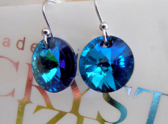 Heliotrope Blue Dangle Earrings / Hook Drop Rivoli Earrings / Blue Crystal Dangle Earrings / 12mm Valentine Gift / Silver  Dangle Earrings