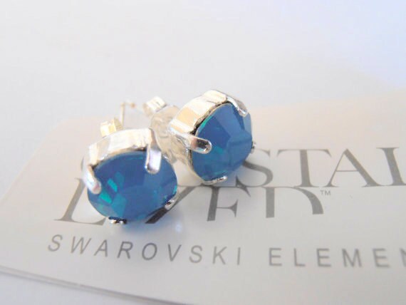Caribbean Blue Opal Crystal Studs / Pierced Post Earrings / Silver Setting / Costume / Girls Jewelry