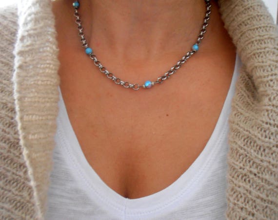 Turquoise Chain Necklace w/ Swarovski Beads / Bohemian Women Jewelry
