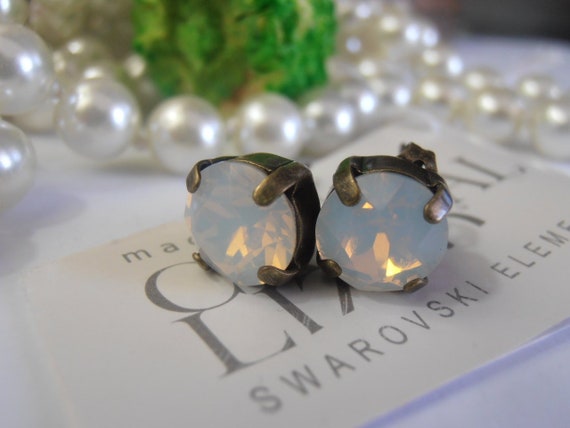 White Opal Crystal Post Earrings / Antique Bronze Jewelry
