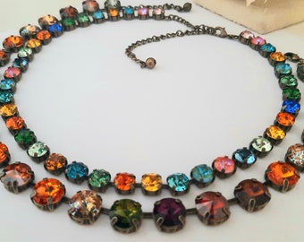 Multi-color Topaz Tennis Rivoli Necklace, Antique Bronze Jewelry, 12mm Cup chain, Wife Anniversary Gift