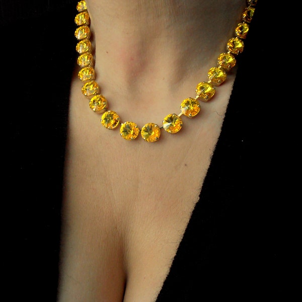 Light Topaz Tennis Necklace in Gold Anna Wintour Collet Citrine Yellow Rivoli Crystal Choker for Women Statement Jewelry Christmas Gift