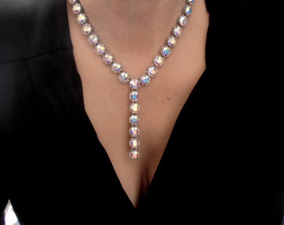 Aurora Borealis Crystal Y Necklace: Platinum Bridal Lariat