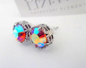 Siam Shimmer Crystal Stud Earrings  / Art Deco Jewelry / Post Pierced / Platinum Filigree / Birthday Gift