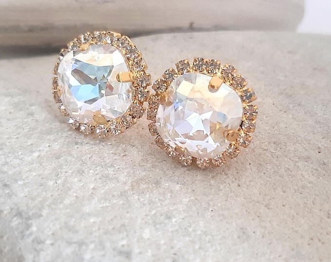 Featured listing image: Classic Crystal Bridal Stud Earrings | Gold Cushion Cut Wedding Earrings | Timeless Elegant Micropavé Jewelry for Brides