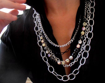 Crystal Multi Strand Layering Necklace: Silver Bohemian Statement Jewelry