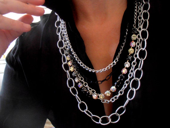 Multi Strand Crystal Chain Layering Necklace in Silver Long Tier