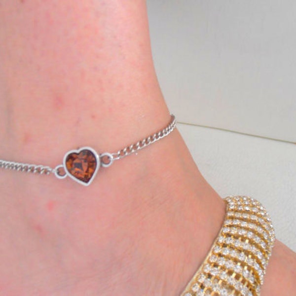 Heart Smoked Topaz Chain Anklet / Bare Foot Bracelet / Stainless Steel / Tan Brown Crystal Sandal Anklet Charm / Summer Foot Jewelry