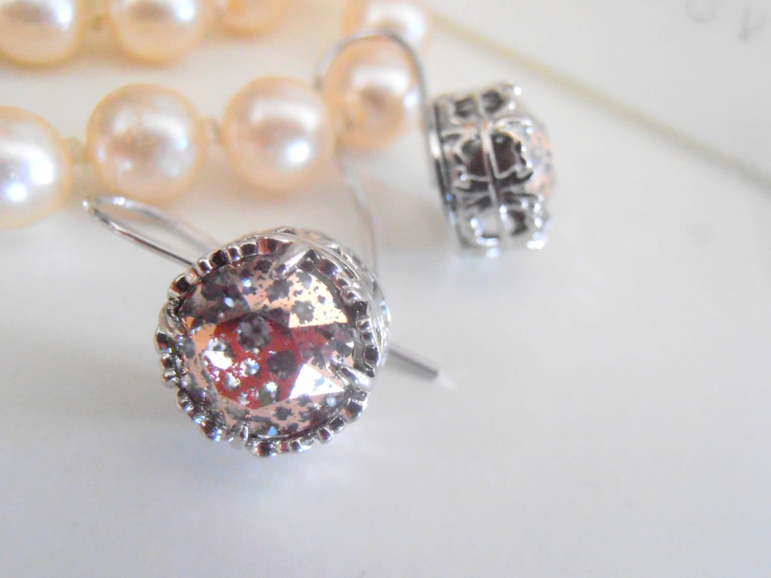 Rose Patina Crystal Platinum Dangle Earrings - Art Deco Jewelry