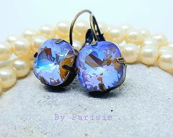 Tanzanite Delite Crystal Dangle Earrings: Antique Bronze Lever Back