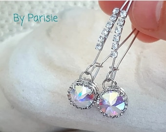 Unique Aurora Borealis Teardrop Earrings Set in Platinum, Jewelry Gift for Mom, Dangle Rhinestone Earrings, Gift for Grandaughter