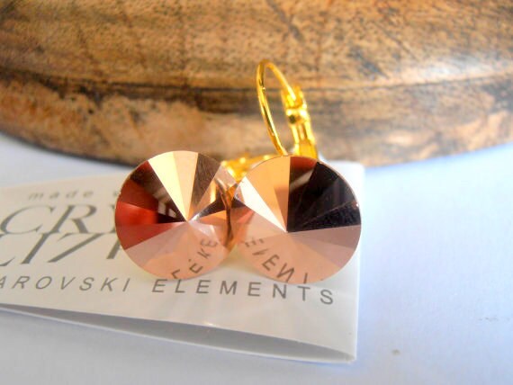 Rose Gold crystal 12mm Rivoli setting Gold tone dangle leverback earrings drop earrings