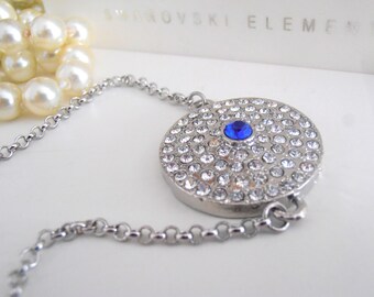 Silver Round Disc Chain Charm Bracelet / Minimalist Mandala Jewelry / Bohemian sapphire Blue Crystal / Birthday Gift