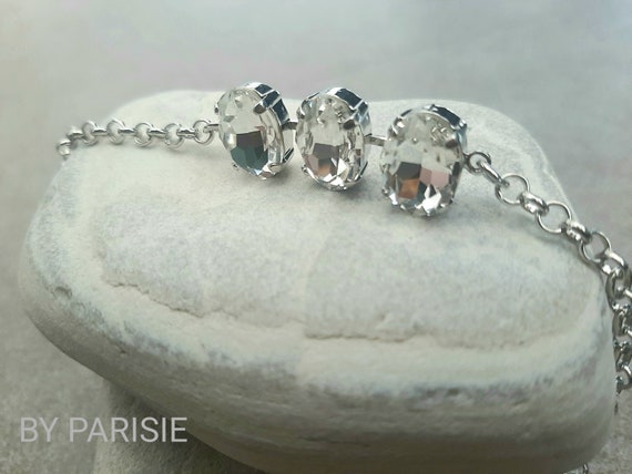 Diamond Clear Oval Crystal Bracelet with Rhodium Chain | Forget me not Jewelry