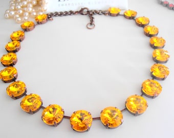 Sunflower Crystal Choker Necklace, Anna Wintour Rivoli Collet, Antique Copper Statement Jewelry, Christmas Gift, 14mm 1122