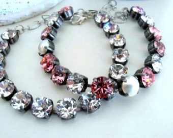 Tennisarmband met rozenkristal: strass armband met bekerketting