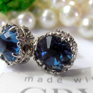 Handcrafted Platinum Filigree Stud Earrings with Dark Sapphire Blue Montana Crystals Art Deco Post Pierced Women's Birthday Gift