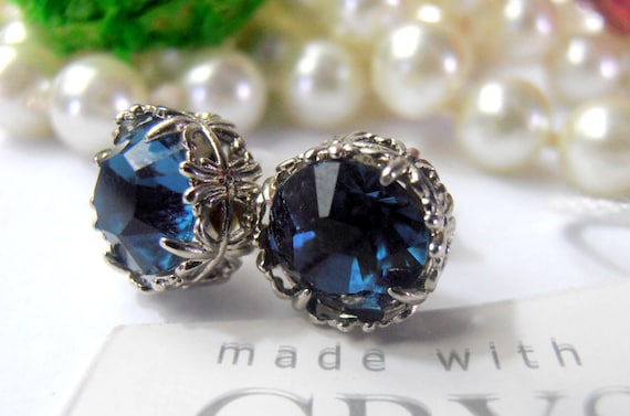 Dark Sapphire Crystal Post Earrings | Bridal Platinum Jewelry