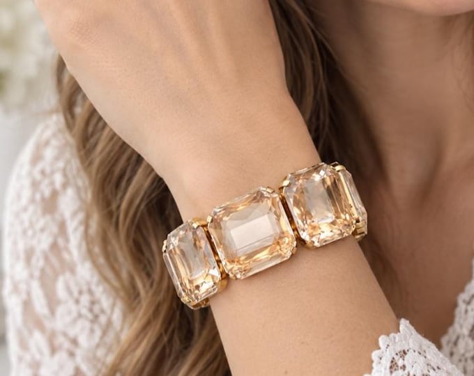 Featured listing image: Transparent Gold Stretch Bracelet 4675 | Swarovski  Square Crystal Cuff