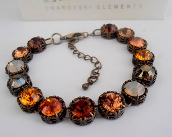 Brown Multicolors Filigree Bracelet made with Crystal Chatons / Antique Bronze Art Deco Jewelry / Round 10mm / Birthday Gift