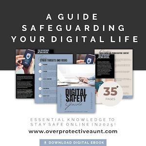 Może przedstawiać: Przewodnik po ochronie życia cyfrowego. Okładka zawiera tekst "Digital Safety Guide" i "35 stron". Przewodnik omawia zagrożenia i ryzyko w cyberprzestrzeni oraz znaczenie uwierzytelniania dwuskładnikowego. Strona internetowa: www.overprotectiveaunt.com.