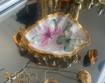 Bandeja de la baratija de la ostra de las mariposas / Recuerdo decorativo / Joyería / Portavelas / Plato del anillo / Cristales / Envuelto para regalo