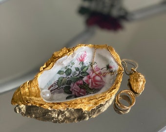 Elegante bandeja de baratijas de ostra rosa vintage mediana / joyería / soporte para plato de anillo