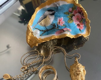 Mini Oriental Blossom Bird Oyster Trinket Tray Keepsake / Jewellery / Ring Dish Holder / Candle Holder / Crystals / Gift Wrapped