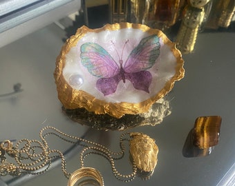 Bandeja de baratijas de ostras de mariposa / Recuerdo decorativo / Joyería / Portavelas / Plato de anillo / Cristales / Envuelto para regalo