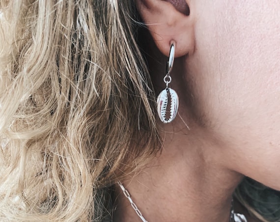 Hoops earrings,shell earrings,Sterling silver studs earrings,cowrie earrings,silver cowrie shell,Sterling silver small hoops earrings