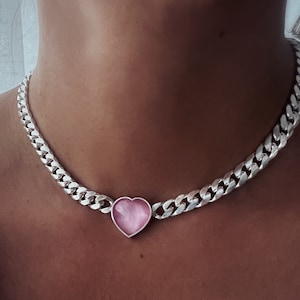 Heart necklace, heart choker, pink heart necklace, tourmaline heart necklace, Cuban chain necklace