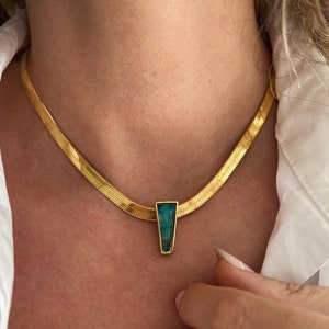 Gold Herringbone chain chrysocolla crystal pendant, gold flat snake chain