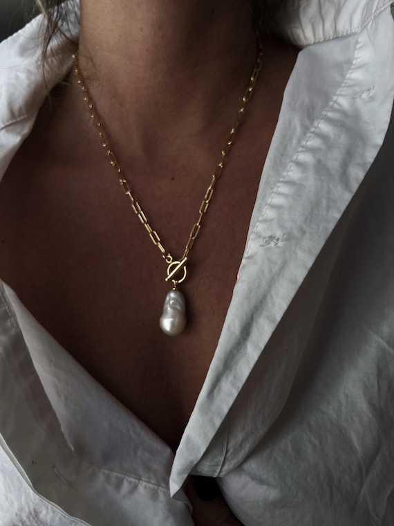 Baroque pearl necklace,natural pearl necklace,keshi pearl necklace,silver pearl necklace,paperclip chain necklace,toggle clasp