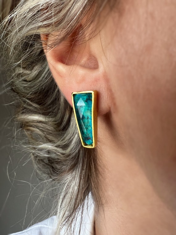 Blue Crystal earrings , silver earrings with chrysocolla  earrings, geometric earrings, gold studs earrings,